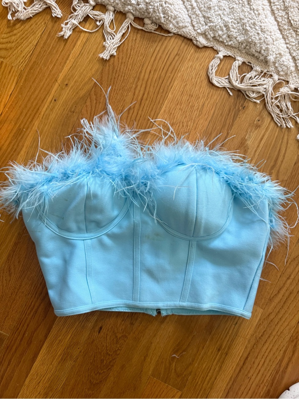 Super down Light Blue Feather Trim elastic Bustier Top